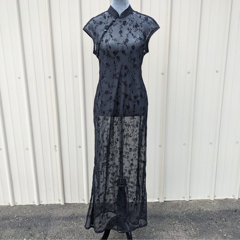 Vintage Sheer Black Cheongsam Dress M Chiffon Mesh Floral Velvet Burnout Glitter